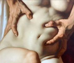 a painting of an old woman with her hands on the back of her stomach,