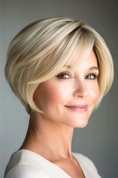 Rounded Layered Bob Hairstyle on a softly smiling woman in her 50s with short blonde hair.