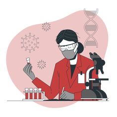 a woman in a red lab coat is holding a test tube and looking at it