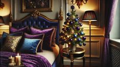 a bedroom decorated for christmas with purple and gold decorations on the headboard, blue velvet bedding, and a lit tree