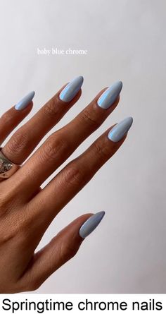 Springtime chrome nails Baby Blue Chrome Nails, Light Blue Chrome Nails, Light Blue Chrome, Scandinavian Wedding, Chrome Nail Art, Blue Chrome, Chrome Nail, Nail Stuff