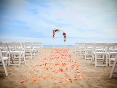 the aisle is lined up with white chairs and rose petals on the sand at the beach