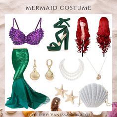 The little mermaid inspired Halloween costume for women. Includes: a purple belly dancer bra, green mermaid skirt that is floor length, long red curly wig, starfish hair clips, laired faux pearl necklace, gold shell necklace, gold shell earrings, white sparkly shell shaped purse and green lace up platform heels. The Little Mermaid Costume Women, Ariel Halloween Costume Women, Ariel Costume Women, Mermaid Halloween Costume For Women, Little Mermaid Outfit For Women, Little Mermaid Costume Women, Diy Little Mermaid Costume, Mermaid Tops Costume, The Little Mermaid Halloween Costume