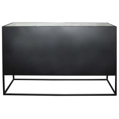 the sideboard is made from black metal and has a glass shelf on one end