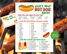 a hot dog is being cooked on the grill with a sign that says what's your hot dog name?