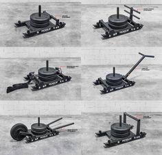 four different views of an object with wheels and axles on each side, including the front wheel