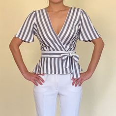 Short-Sleeve Wrap Blouse With Gray/White Stripe Pattern Unlined 100% Rayon Imported Dry Clean Only Bb Dakota, Wrap Blouse, Stripes Pattern, Gray White, White Stripe, Gray Color, Top Blouse, Dry Clean, Womens Tops