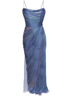 violet blue, bronze silk mousseline metallic finish plissé effect draped detailing adjustable spaghetti straps cowl neck boned bodice side slit ankle-length open back full lining rear tie fastening concealed rear hook and zip fastening