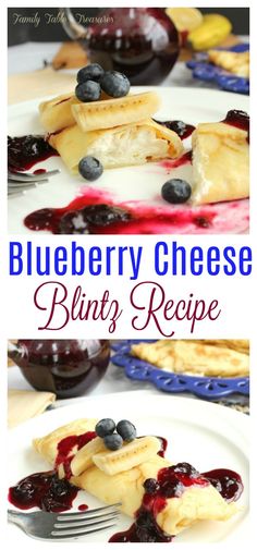 blueberry cheese crepe is on a plate with berries and syrup in the background