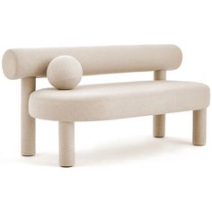 a white bench sitting on top of a white floor next to a wooden pole with a ball on it