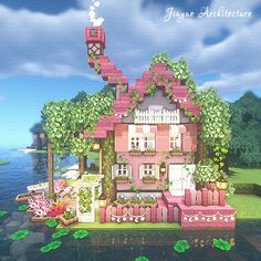 a cartoon house with lots of plants and flowers on the roof is floating in the water