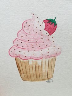 a drawing of a cupcake with pink frosting and a strawberry on the top