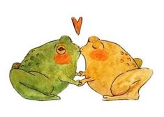 two green and yellow frogs sitting next to each other with a heart shaped object above them