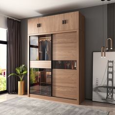 a wooden cabinet with glass doors in a living room