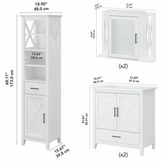 the measurements for a bathroom cabinet with doors and drawers are shown in three different sizes