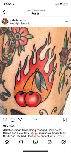 an image of a fire tattoo on someone's leg with the caption that reads,