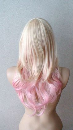 Blonde Pink Ombre wig. Pastel pink hair Curly by kekeshop on Etsy Blonde Pink Ombre, Pink Ombre Hair, Blonde Pink, Side Bangs Hairstyles, Pastel Pink Hair, Real Hair Wigs, Blonde With Pink, Frontal Hairstyles, Pink Highlights