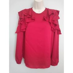 Vintage 80's Red Ruffled Sleeve Blouse Very Unique Red Top With Layered Puffy Sleeves And Lace Shoulder Cutout. Button Back Nwt. Sized As Xs-S Misses Size. Fits More Like A Regular Large. Please See Measurements. There Is No Stretch To Fabric. Worthington Nwt 100% Polyester Shoulder To Shoulder: Approx 15-17" Bust: 17" Sleeve Length: 22-24" Approx Total Length: 23" Worthington, Vintage, 80s, 1980s, 80's, Eighties, Red, Lace, Blouse, Polyester, Silky, Ruffles, Puffy Shoulder, Top, Office Wear, Nw Chic Red Blouse With Ruffles, Red Ruffled Blouse For Fall, Elegant Red Ruffled Blouse, Chic Red Ruffled Top, Puffy Shoulder Top, Red Lace Blouse, Leather Peplum Tops, Chiffon Sleeveless Top, Red Stripes Top