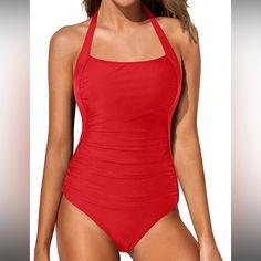 Temp Me Women Tummy Control One Piece Swimsuit Vintage Push Up Halter Bathing Suit Rushed Slimming Swimwear Nwt Red Sleeveless Tankini With Lined Body, Red One-piece Lined Tankini, Red Halter Neck Bodysuit, Red Sleeveless Lined One Piece, Red Halter Neck Bodysuit For Swimming, Red Halter Neck Bodysuit With Lined Body, Swimsuit Vintage, Halter Bathing Suit, Vintage Swimsuits