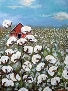 a painting of white flowers in front of a red barn on a blue sky day