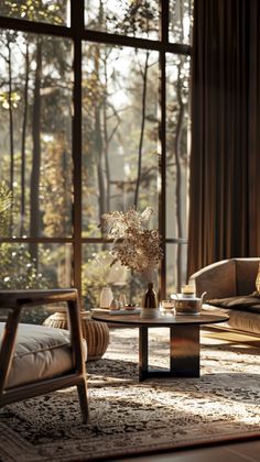 a living room filled with furniture and a large window overlooking the forest outside it's doors