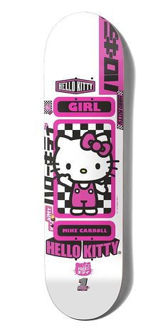 the hello kitty skateboard has been designed to look like it's in pink and white