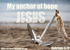 an anchor of hope with the words jesus written on it in front of sand and water