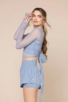 Bow Back Long Sleeve Mesh Top - Blue Storm – POPFLEX® Popflex Outfits, Activewear Aesthetic, Short Sleeve Sweater Outfit, Bow Back, Athleisure Wear, Layering Outfits, Other Outfits, Short Sleeved Sweaters, Aesthetic Girl