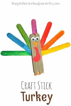 a turkey made out of pops sticks with the words craft stick turkey on it's side