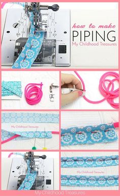 the instructions for how to sew a piping machine with pink thread and scissors