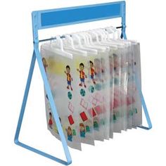 a display rack with many different types of folders