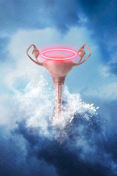 a pink object floating in the air on top of water with clouds behind it and blue sky above