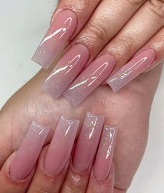 Plain Glitter Acrylic Nails, Pink Ombre Glitter Acrylic Nails, Pink And Glitter Ombre Nails, Long Neutral Acrylic Nails, Glitter Square Acrylic Nails, Glitter Ombre Nails Square, Baby Pink Ombre Nails, Ombre Glitter Nails Acrylic, Clear Ombre Nails