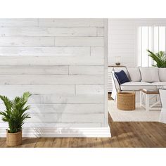 a white living room with wood paneling and potted plants on the side wall