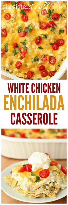 white chicken enchilada casserole with tomatoes and cheese