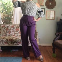 Cute Vintage Slacks. New Old Stock (Never Worn Or Washed). I Have Three Pairs Of These: Wine, Purple And Blush. Sears & Roebuck, “Pants That Fit”. All Measurements Taken Flat And Not Stretched. Elastic In Back. Purple - Vintage “Size 16” [Waist - 28” Inches] [Hips - 40” Inches] [Length - 41.5” Inches] Vintage Slacks, Wine Purple, Little Shop Of Horrors, Purple Vintage, Purple Pants, Vintage Trousers, Jumpsuit Trousers, Pant Jumpsuit, Size 16