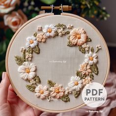 a person holding up a embroidery hoop with flowers on it