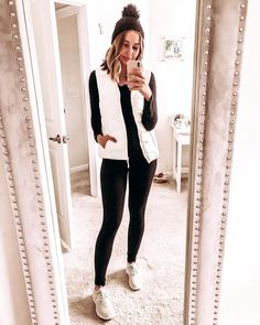 White Puffer Vest Outfit, Black Leggings Outfit Ideas, White Vest Outfit, Cozy Athleisure, Leggings Outfit Ideas, Puffer Vest Outfit, Vest Outfits For Women, Athleisure Outfit