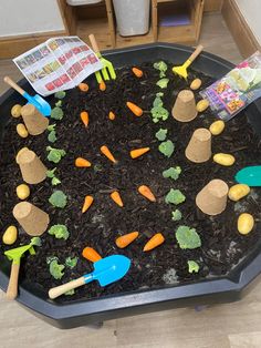 a black tray filled with dirt and carrots, gardening utensils and soil