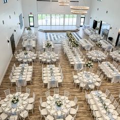 an overhead view of a banquet hall with tables and chairs set up for formal function