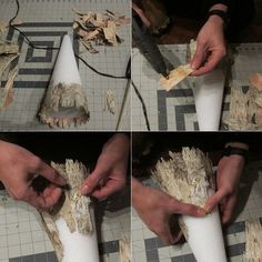 four pictures showing how to make a vase out of toilet paper and wood shavings