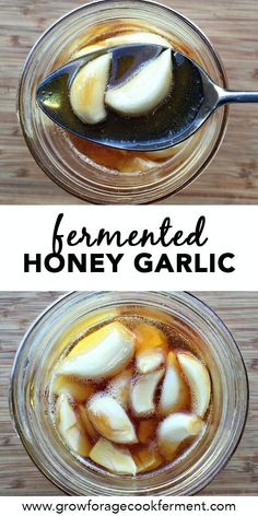 two jars filled with honey garlic on top of a wooden table