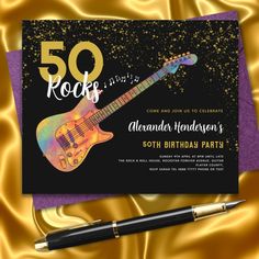 a 50th birthday party with an electric guitar on the front and gold foiling around it