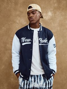 Blue and White Casual Collar Long Sleeve Fabric Colorblock,Letter Varsity Embellished Slight Stretch Spring/Fall Men Clothing Baseball Jacket Men, Drippy Outfit, Men Jackets, Varsity Jacket Men, Blue And White Style, Letter Embroidery, Cool Jackets, Baseball Jacket, Long Sleeves Jacket