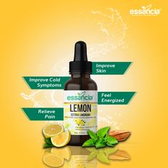 an image of lemon essential oil for hair and body care on yellow background with green leaves