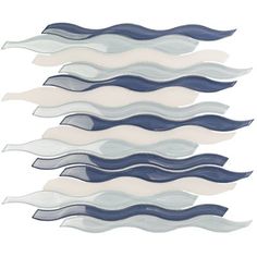 several wavy blue and white glass pieces on a white background, each with different colors