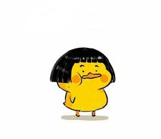 a yellow bird with black hair standing in front of a white background