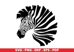 a zebra's head in black and white with the words svg - png - dxf eps - ppf