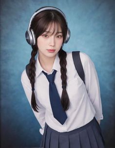 a girl wearing headphones and a school uniform with long braids in her hair