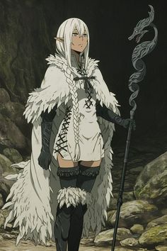 an anime character with white hair and black pants, holding a staff in her hand